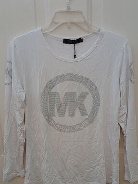 Michael Kors White Long Sleeve Rhinestone MK Logo Tee